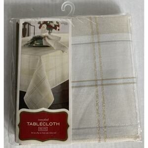 Vintage 2003 Plaid Oblong Tablecloth 60X84 Ivory with Gold Silver Threads Target